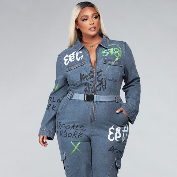 (Thick Denim) Lettered Art Denim Jumpsuit - Picture 3 of 7